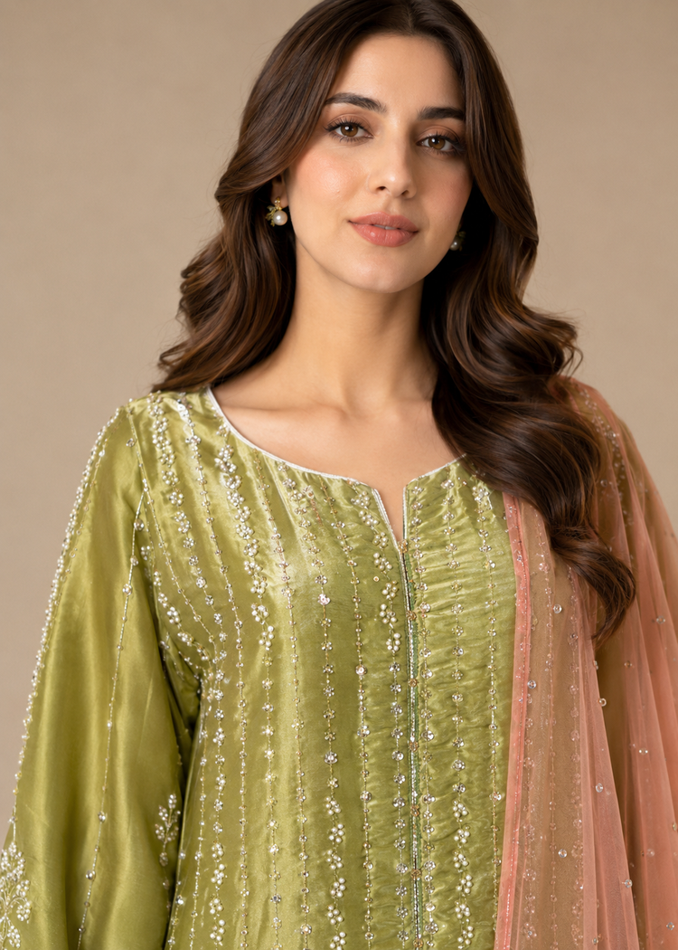 Embroidered Olive Green Sharara Suit
