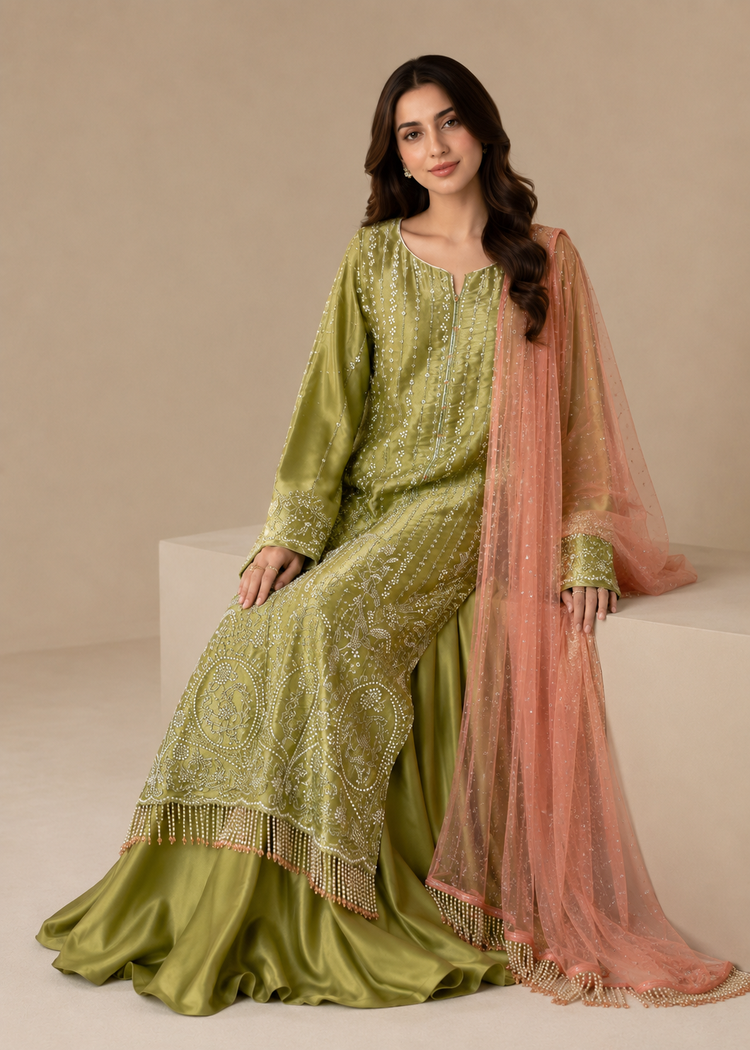 Embroidered Olive Green Sharara Suit