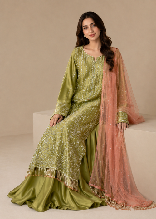 Embroidered Olive Green Sharara Suit